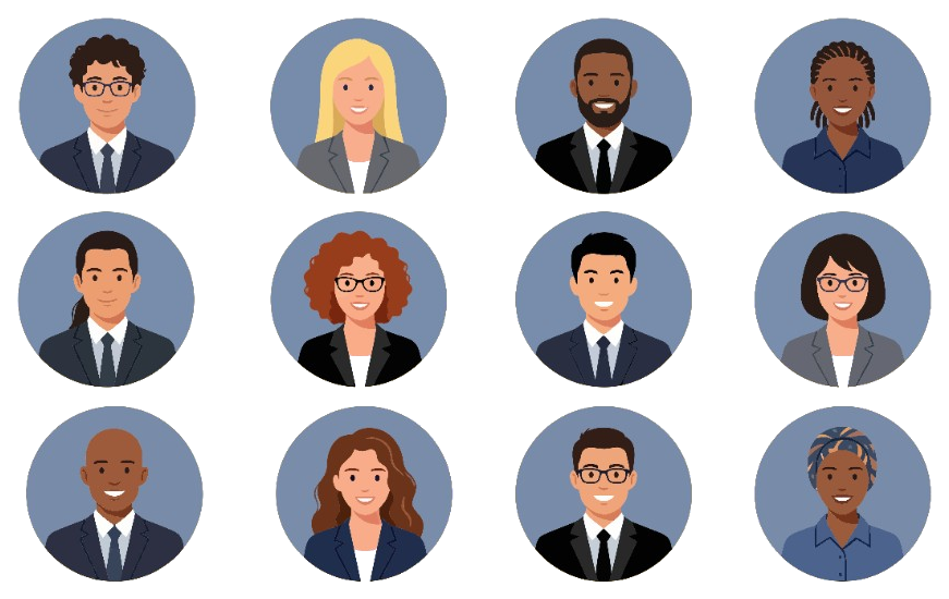Illustrated portraits of a diverse professional team