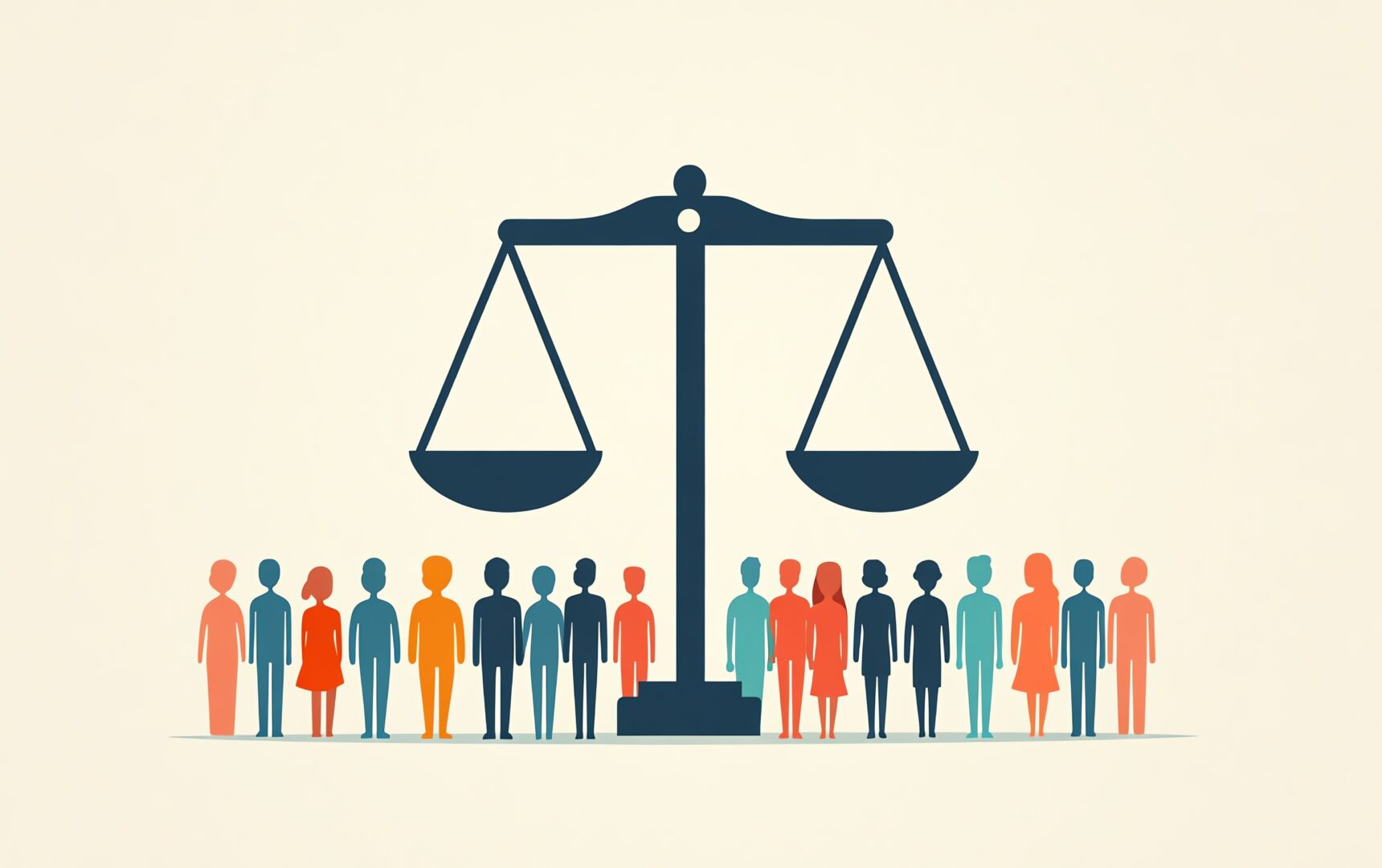 Illustration of the scales of justice standing above a diverse group of people